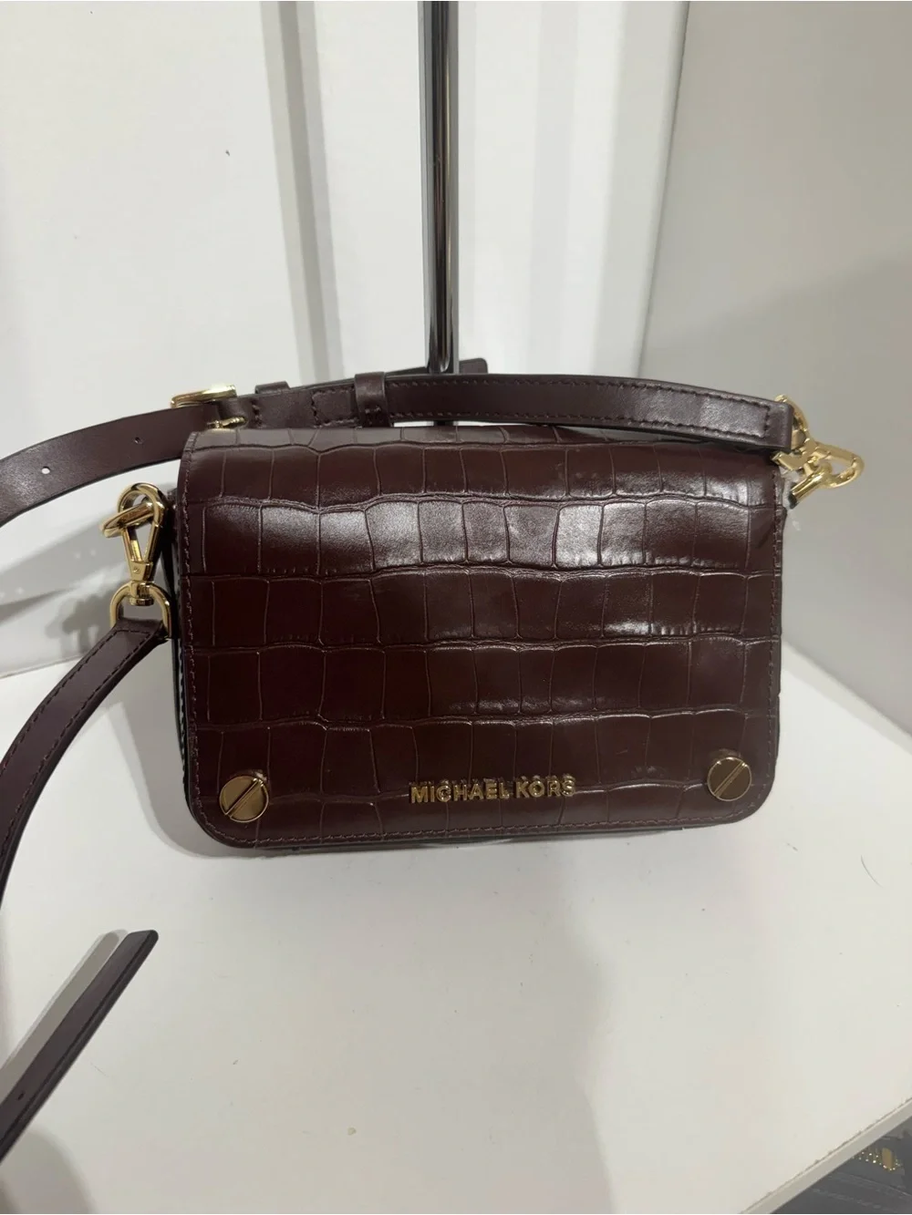 Michael Kors Brown Croc-Embossed Men’s Belt Bag with Gold Hardware